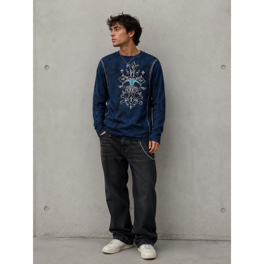 Affliction Xtreme Couture Thermal Shirt Mens Small Blue Cross Graphic Y2K Street